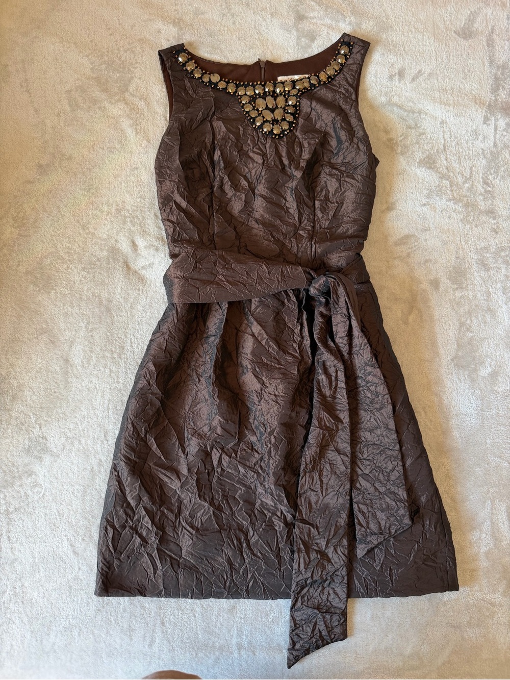 dressbarn Brown Jewel-Neck Sleeveless Mini Dress with Waist Sash